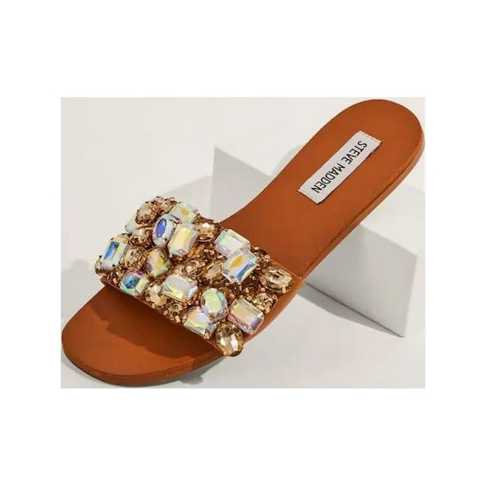 Steve Madden Brionna Jeweled Rhinestone Open Toe Flat Slide Mule Sandals